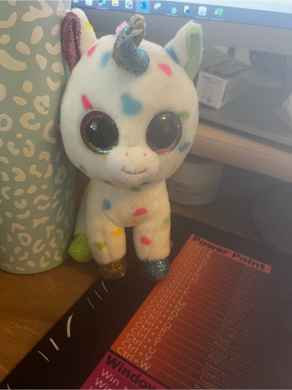 Ty White Plush Unicorn with Multicolor Hearts and Glitter Accents